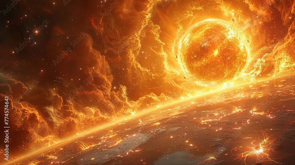 Poster a view of a supernova explosion with its bright light and shockwave visible. supernova destroying pl