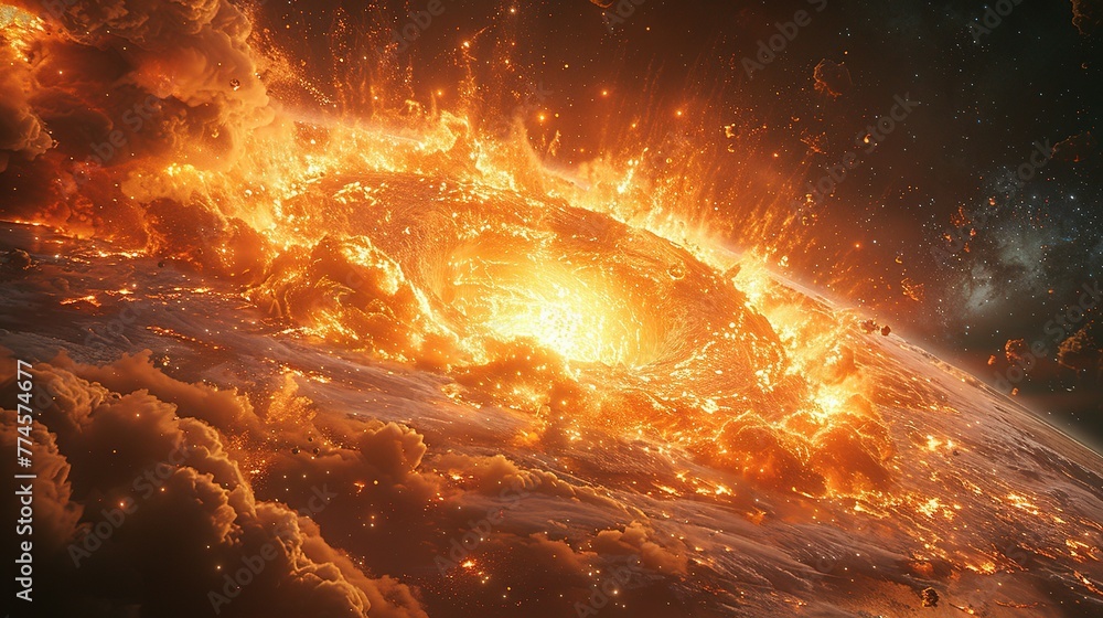 Poster a view of a supernova explosion with its bright light and shockwave visible. supernova destroying pl