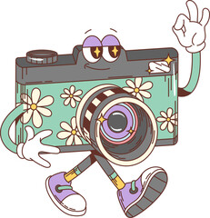 Cartoon groovy photo camera character. Isolated vector funky, hippie style photocamera personage adorned with vibrant daisy flowers and confident smile, showing ok gesture, exuding retro playful charm - 774574643