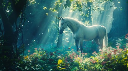 A captivating fantasy illustration of a mythical creature, A Unicorn against aesthetic magical scenery