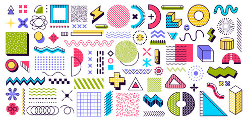 Abstract geometric Memphis shapes and elements. 80s or 90s hipster style pattern with colorful modern figures. Vector background with surreal linear details, dots, triangles and waves, trendy ornament