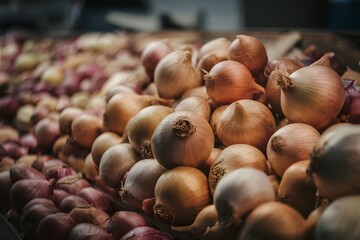Obraz premium Fresh onions on market counter, big golden bulbs, close up