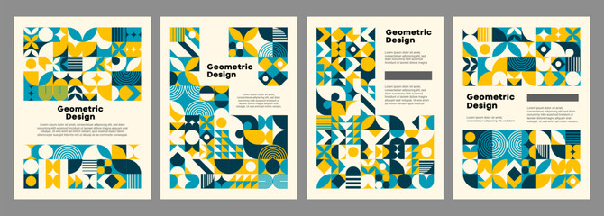 Modern yellow and turquoise abstract geometric pattern posters. Vector vertical backgrounds or cover templates with bold, vibrant hues intersect in a dynamic dance, embodying contemporary principles