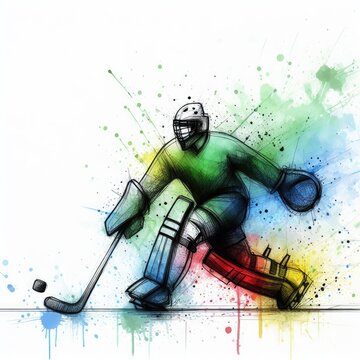 hockey player in watercolor paint illustration with Generative AI.