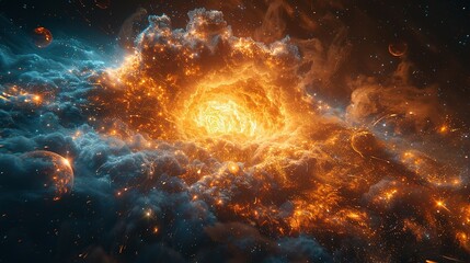 A view of a supernova explosion with its bright light and shockwave visible. Supernova destroying planet, illustration. - obrazy, fototapety, plakaty