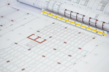 Structural and construction drawings of the floor slab of a building with beams, columns and a...