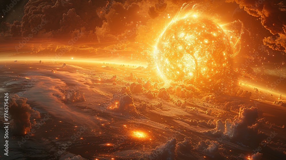 Poster a view of a supernova explosion with its bright light and shockwave visible. supernova destroying pl