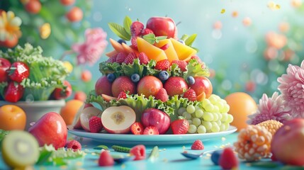 A colorful 3D animation of a GERD-friendly diet meal, emphasizing balanced nutrition and health