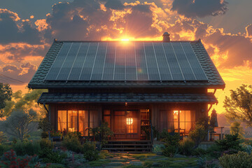 Beautiful house exterior design with solar plates on the top of the roof. Created with Ai