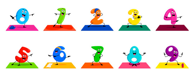 Naklejka premium Cartoon math number characters on yoga fitness sport, vector funny numerals. Kids mathematic numbers in workout pilates or yoga fitness and meditation, cute math numerical for kids count study