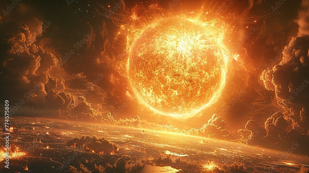 Poster a view of a supernova explosion with its bright light and shockwave visible. supernova destroying pl