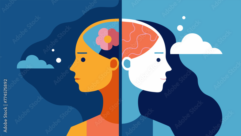 Aufkleber a splitscreen image of a persons thoughts above the surface and their actions beneath highlighting t