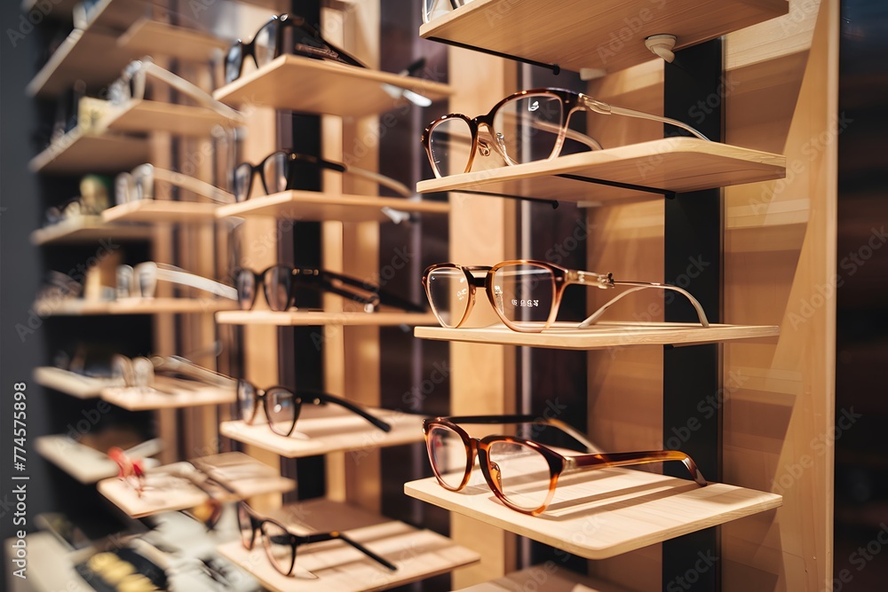 Wall mural Glasses on display in optics store, eyewear fashion, retail photo