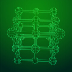 Crystal lattice molecule grid. Sodium chloride rock salt. Wireframe low poly mesh vector illustration.