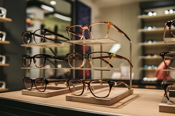 Glasses on display in optics store, eyewear fashion, retail photo