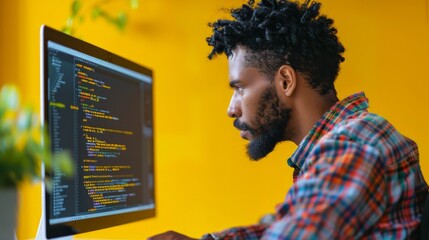 A developer man working on lines of code on a computer screen with a focused expression, Confident male programmer works on computer - obrazy, fototapety, plakaty