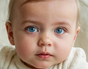 Baby portrait. Closeup face with bright blue eyes. Babies, eyes, ophthalmology, curiosity, happiness, explore the world, joy, childhood, psychology, parenthood, portrait concepts