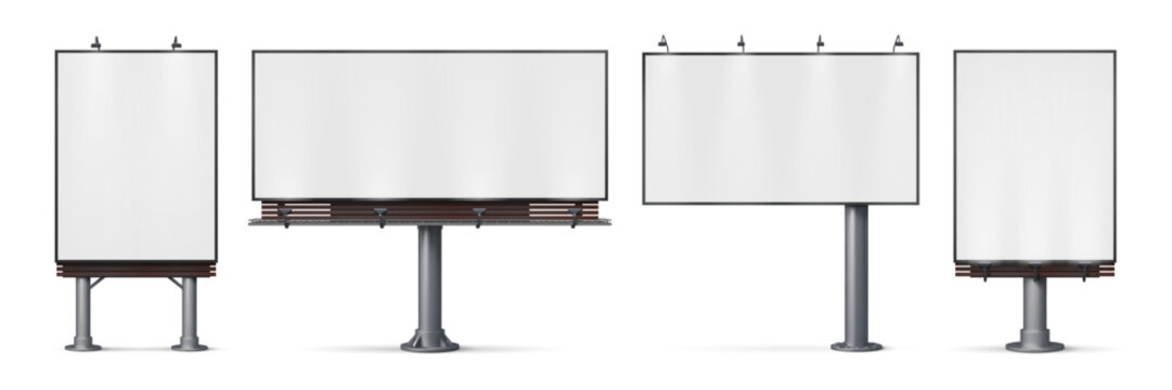 Outdoor billboard mockup. Realistic 3d vector banners or posters showcase advertisement on a large roadside display. Outside metal constructions for commercial use in urban and city environments