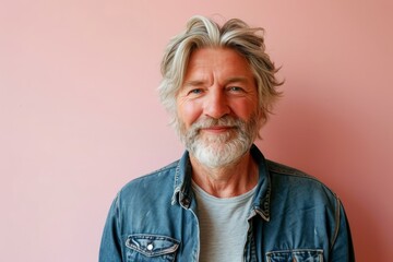 Portrait of a handsome senior man with gray beard and mustache in a denim jacket on a pink background - obrazy, fototapety, plakaty