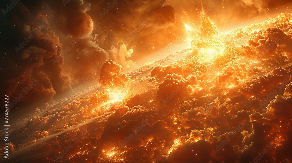 Poster a view of a supernova explosion with its bright light and shockwave visible. supernova destroying pl