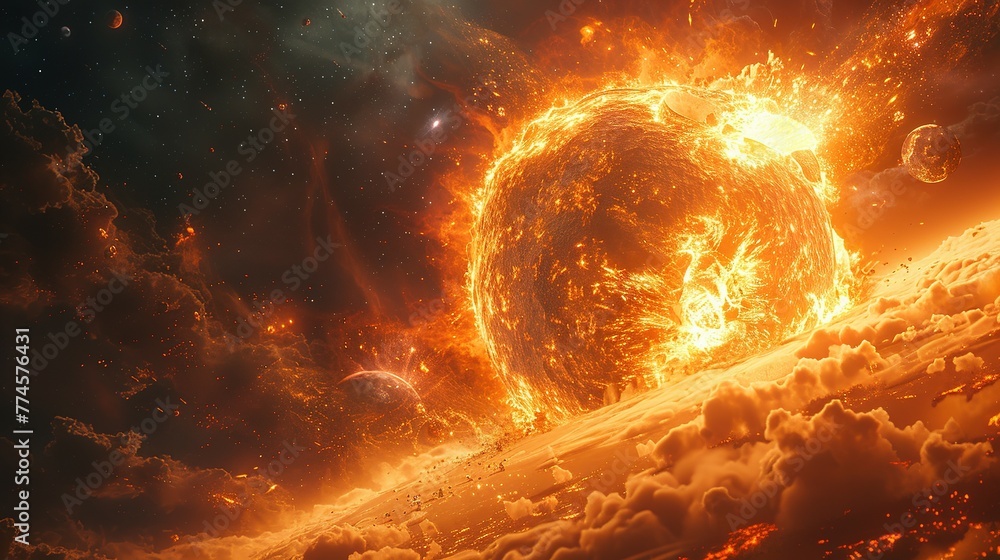 Poster a view of a supernova explosion with its bright light and shockwave visible. supernova destroying pl