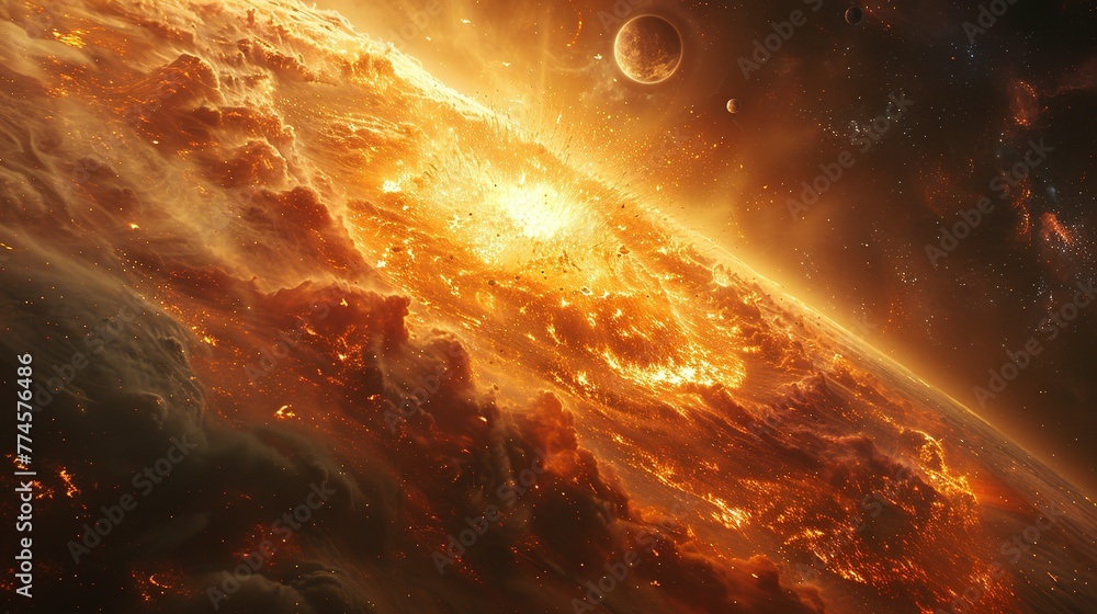 Poster a view of a supernova explosion with its bright light and shockwave visible. supernova destroying pl