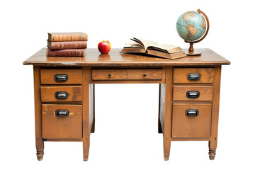 Retro teachers desk with booksapple and globe isolated on transparent
