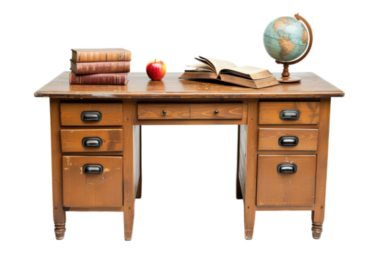 Retro teachers desk with booksapple and globe isolated on transparent