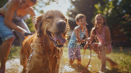 Smiling mother, Daughter, Son Play With Loyal Golden Retriever Dog, Spraying Each other with Garden Water Hose. On a Sunny Day Family Having Fun Time Together Outdoors in Backyard.