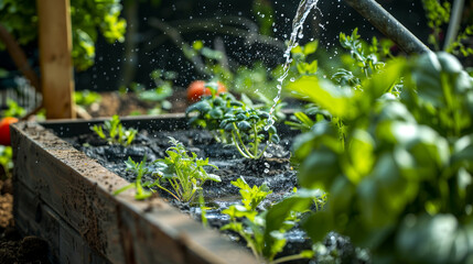 Plant sprouts in a field, a farmer watering them; tomato seedlings in a farmer's garden, agriculture, plants and life (soft focus, narrow depth of field) - obrazy, fototapety, plakaty