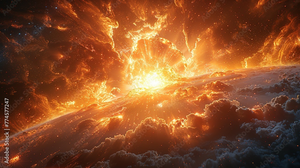 Poster a view of a supernova explosion with its bright light and shockwave visible. supernova destroying pl