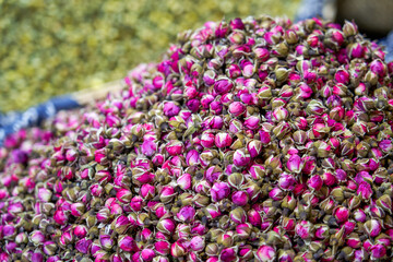 Close-up of a bunch of rose tea for sale in a tea shop