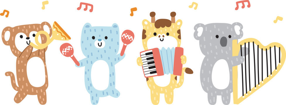 Set of cute animal soft hair playing musical instruments.Concert.Music.Song.Giraffe,koala,polar bear,monkey hand drawn.Character cartoon design.Kawaii.Vector.Illustration. 