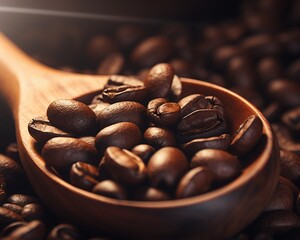 Closeup of coffee beans on a wooden scoop, rustic charm, soft focus on the wood grain, golden hour light