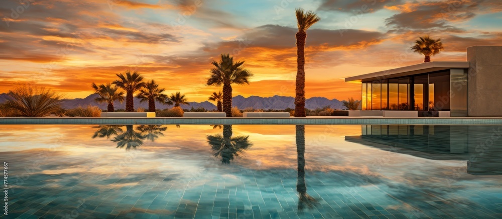 Poster view of a serene pool surrounded by lush palm trees with a beautiful sunset in the background