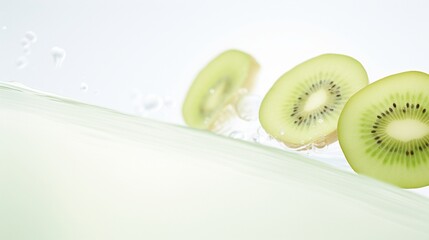Kiwis slicing through water, bubbles swirling, expert highspeed photography, crisp clarity, vibrant green hues pastel,3d render, novel, Tell a story