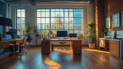 Modern office interior with large windows, wooden floors, and designer furniture.