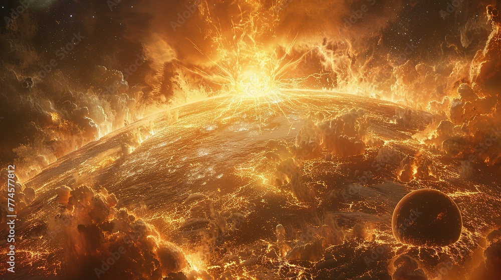 Poster a view of a supernova explosion with its bright light and shockwave visible. supernova destroying pl