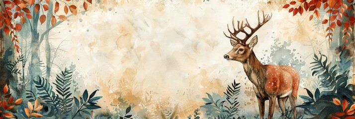 Watercolor illustration of a handsome male deer looking ahead, in the jungle