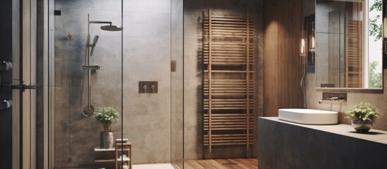Fototapeta na wymiar The spacious bathroom has a beautiful wooden floor and a modern glass shower for a sleek and stylish look