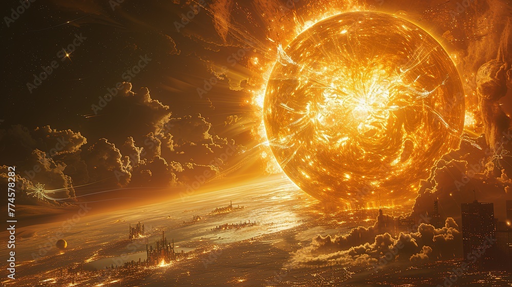 Poster a view of a supernova explosion with its bright light and shockwave visible. supernova destroying pl