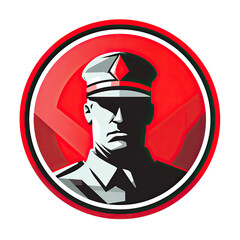 A logo of a soldier looking at the camera with a red background - obrazy, fototapety, plakaty