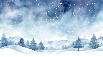 Misty forest mountain hill covered by cloud, snowfall and snowdrift. Winter background vector. Hand painted watercolor drawing for Christmas and Happy New Year season. - obrazy, fototapety, plakaty