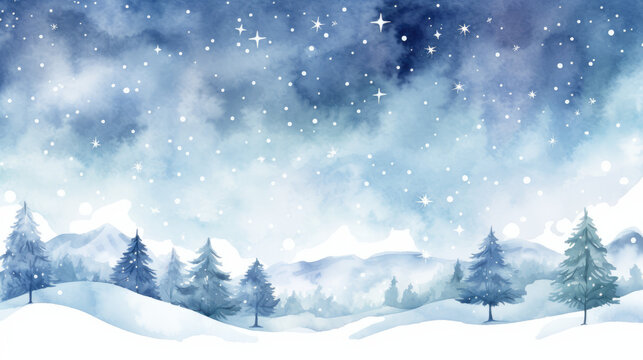 Misty forest mountain hill covered by cloud, snowfall and snowdrift. Winter background vector. Hand painted watercolor drawing for Christmas and Happy New Year season.