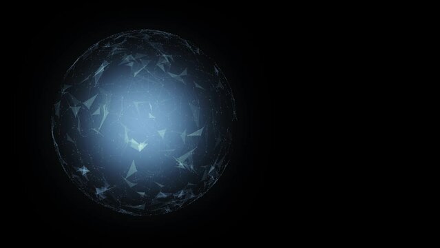 Loop digital technology plexus sphere rotation on clean black copy space background.