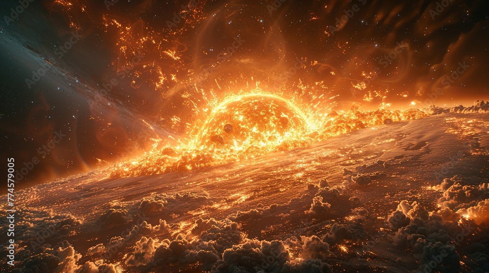 Poster a view of a supernova explosion with its bright light and shockwave visible. supernova destroying pl