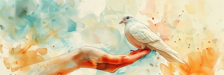 illustration of a white dove perched on a hand - obrazy, fototapety, plakaty