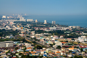 Beautiful high angle view Hua Hin city in the evening, Beautiful scenery town seaside of Thailand.