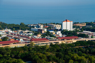 Beautiful high angle view Hua Hin city in the evening, Beautiful scenery town seaside of Thailand.