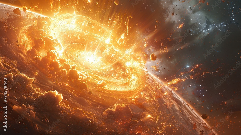 Poster a view of a supernova explosion with its bright light and shockwave visible. supernova destroying pl